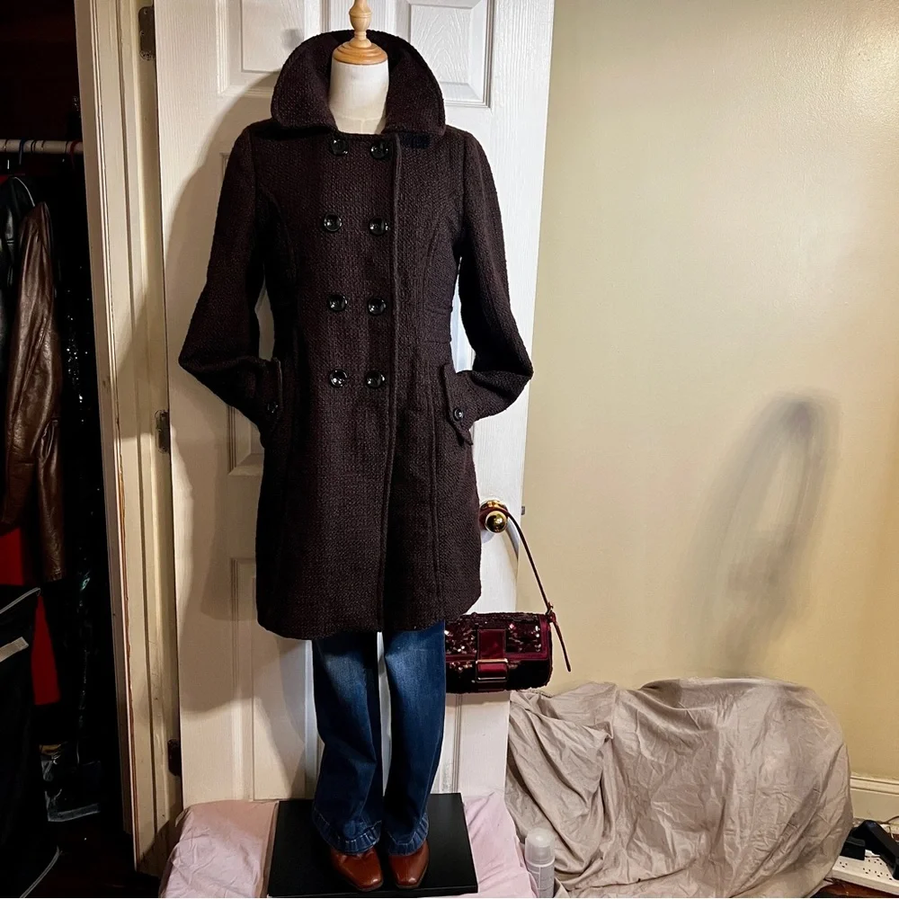 Old Navy Y2K Fall 2010 Chocolate Brown Wool Blend Tweed Boucle Midi Peacoat‎ L